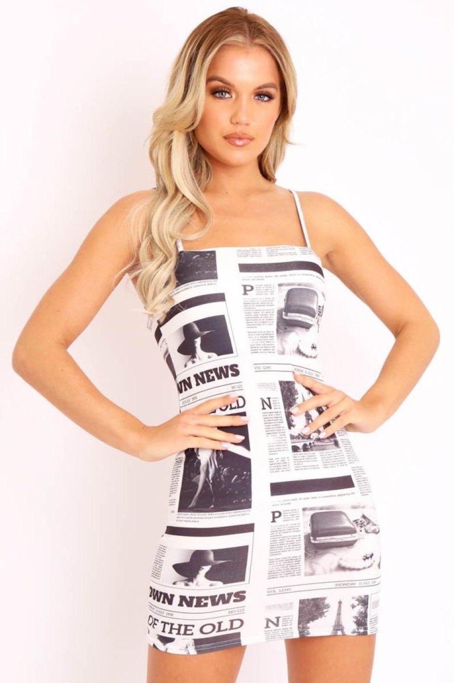 Clothing Rebellious Fashion | White Newspaper Print Bodycon Dress - Dallys