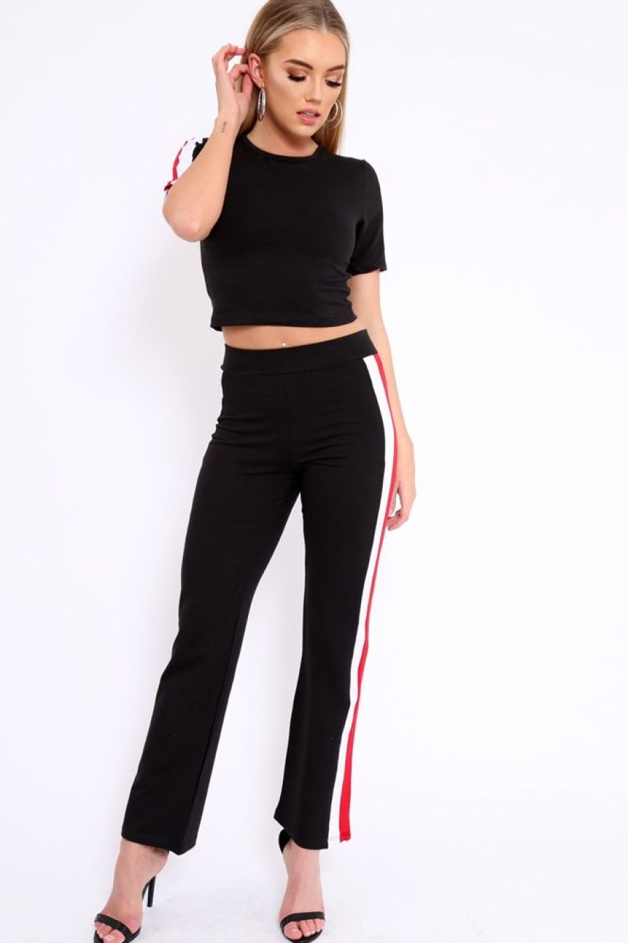 Clothing Rebellious Fashion | Black With Red And White Side Stripe Co-Ord - Farris