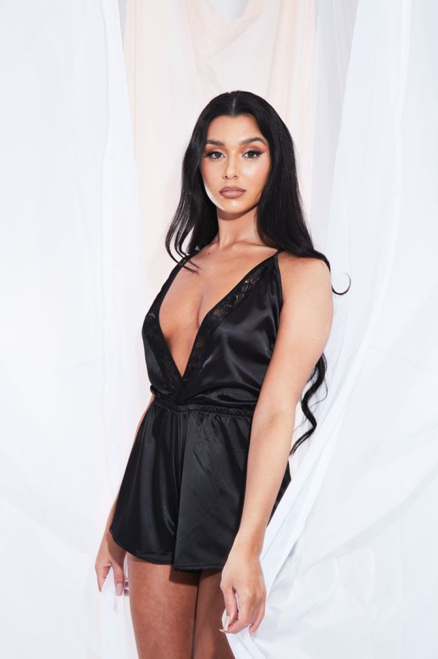 Clothing Rebellious Fashion | Black Plunge Satin Playsuit - Joss