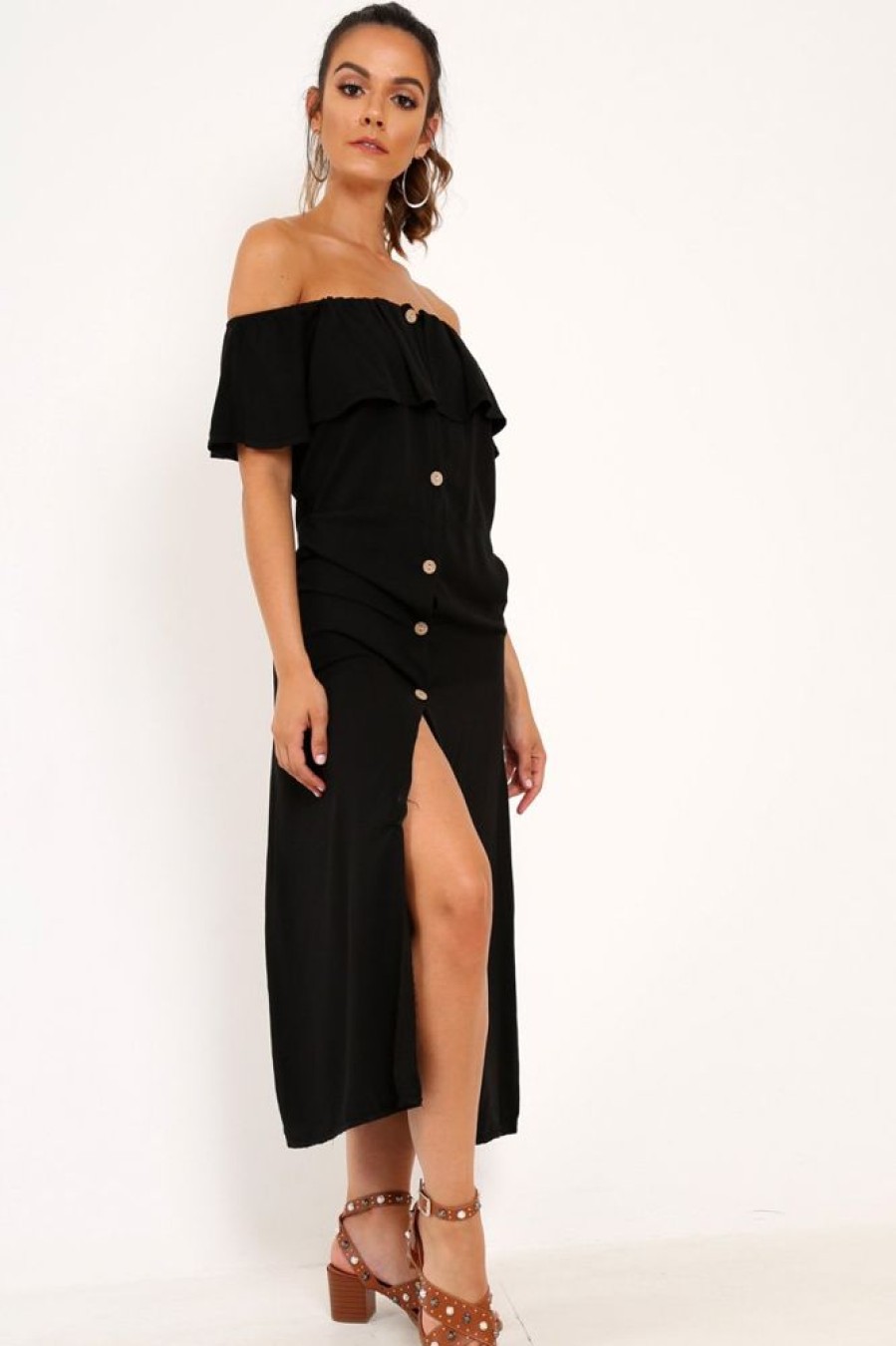 Clothing Rebellious Fashion | Black Bardot Frill Button Front Midi Dress - Clancy