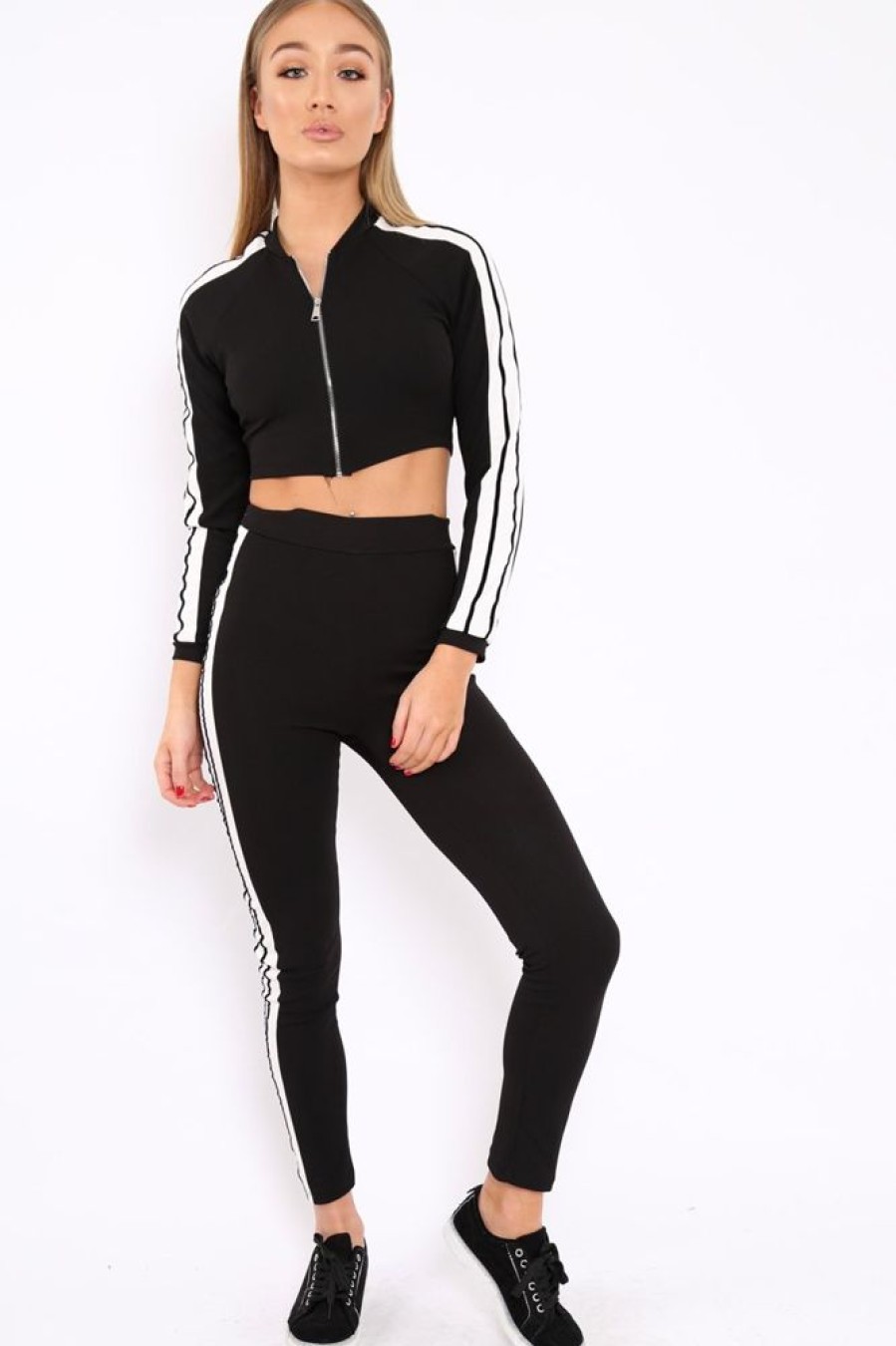 Clothing Rebellious Fashion | Black Zip Front Tracksuit With White Side Stripes - Kitty