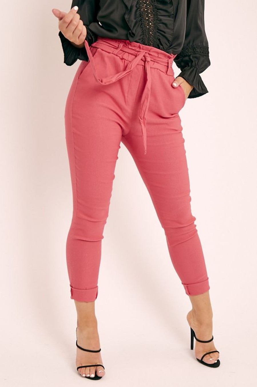 Clothing Rebellious Fashion | Pink Tie Belt Paperbag Waist Trousers - Jaylea