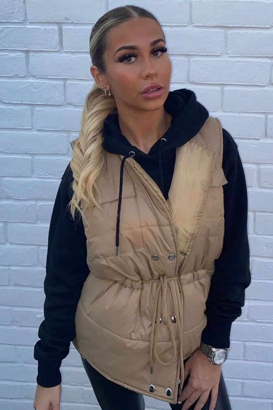 Clothing Rebellious Fashion | Camel Front Pocket Padded Gilet - Carleigh