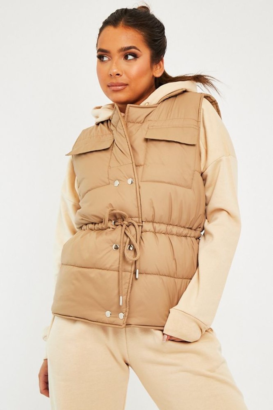 Clothing Rebellious Fashion | Camel Front Pocket Padded Gilet - Carleigh