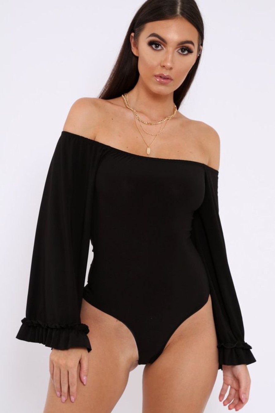 Clothing Rebellious Fashion | Black Bardot Frill Flare Sleeve Bodysuit - Sofiya