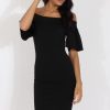 Clothing Rebellious Fashion | Black Bardot Bodycon Midi Dress - Cecilia