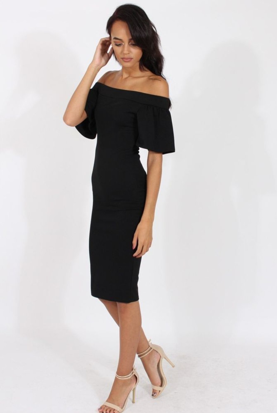 Clothing Rebellious Fashion | Black Bardot Bodycon Midi Dress - Cecilia