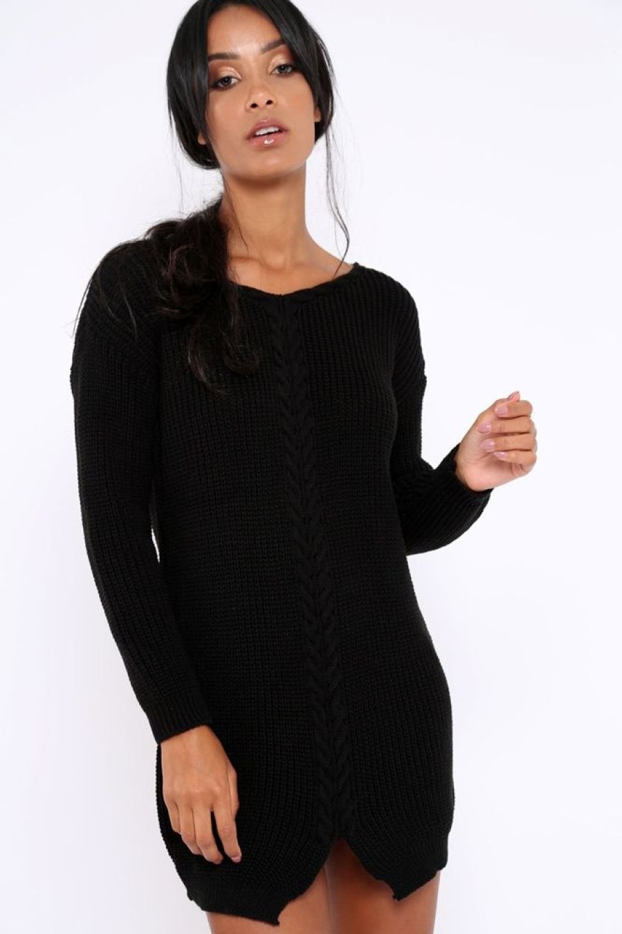 Clothing Rebellious Fashion | Black Jumper Dress With Twist Knit Detail - Antonia