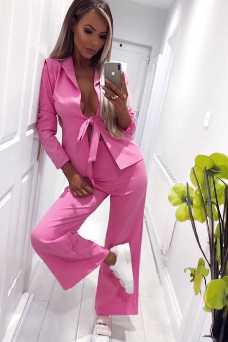 Clothing Rebellious Fashion | Pink Tie Front Blazer Wide Leg Trouser Co-Ord - Saphira