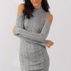 Clothing Rebellious Fashion | Grey Ribbed Cold Shoulder High Neck Dress - Evie