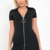 Clothing Rebellious Fashion | Black Plunge Zip Mini Dress - Arelys