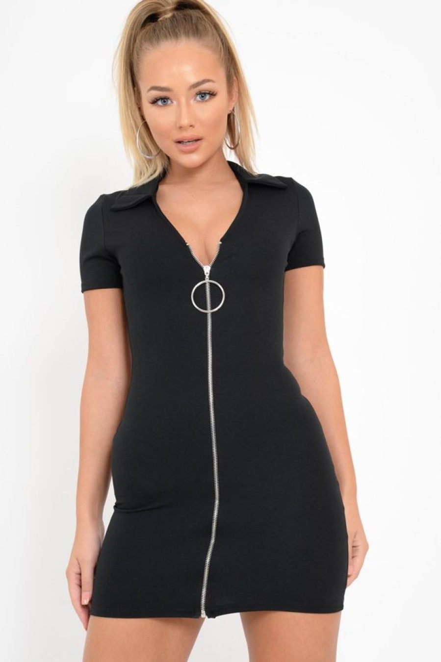 Clothing Rebellious Fashion | Black Plunge Zip Mini Dress - Arelys