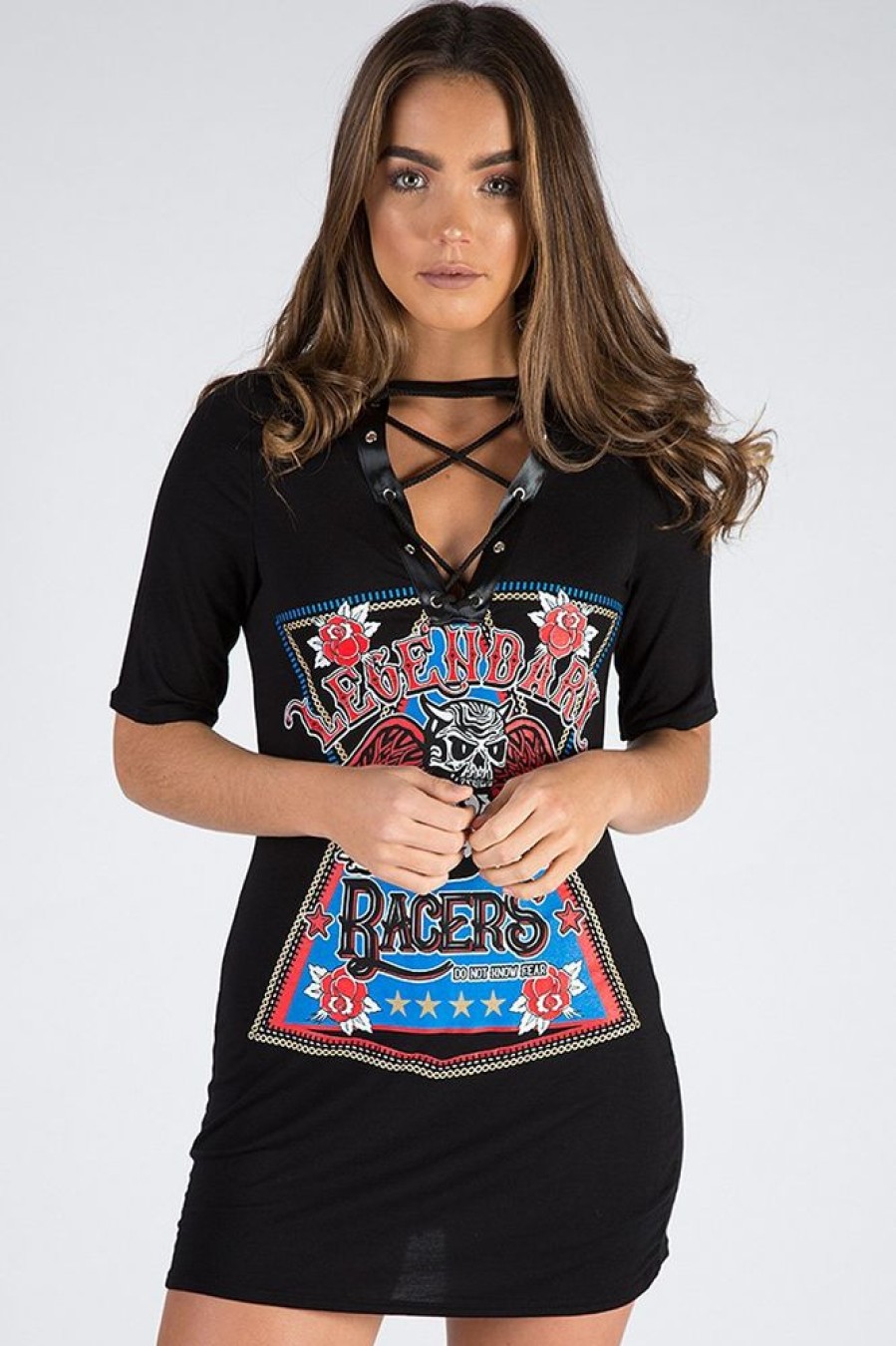 Clothing Rebellious Fashion | Black Legendary Graphic Lace Up T Shirt Dress - Lolita