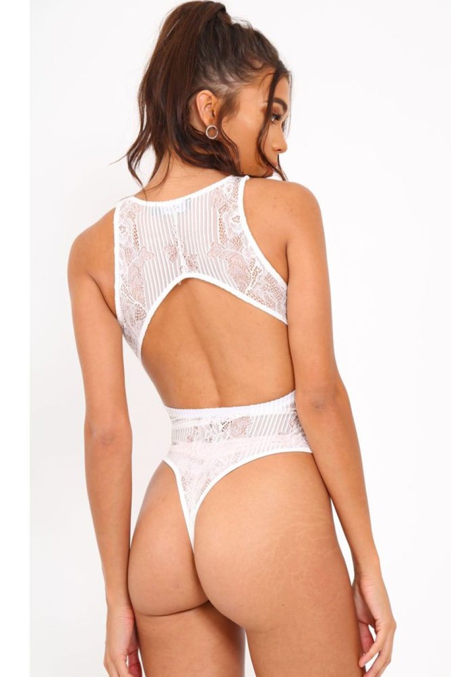 Clothing Rebellious Fashion | White Lace Sleeveless Open Back Bodysuit - Molina