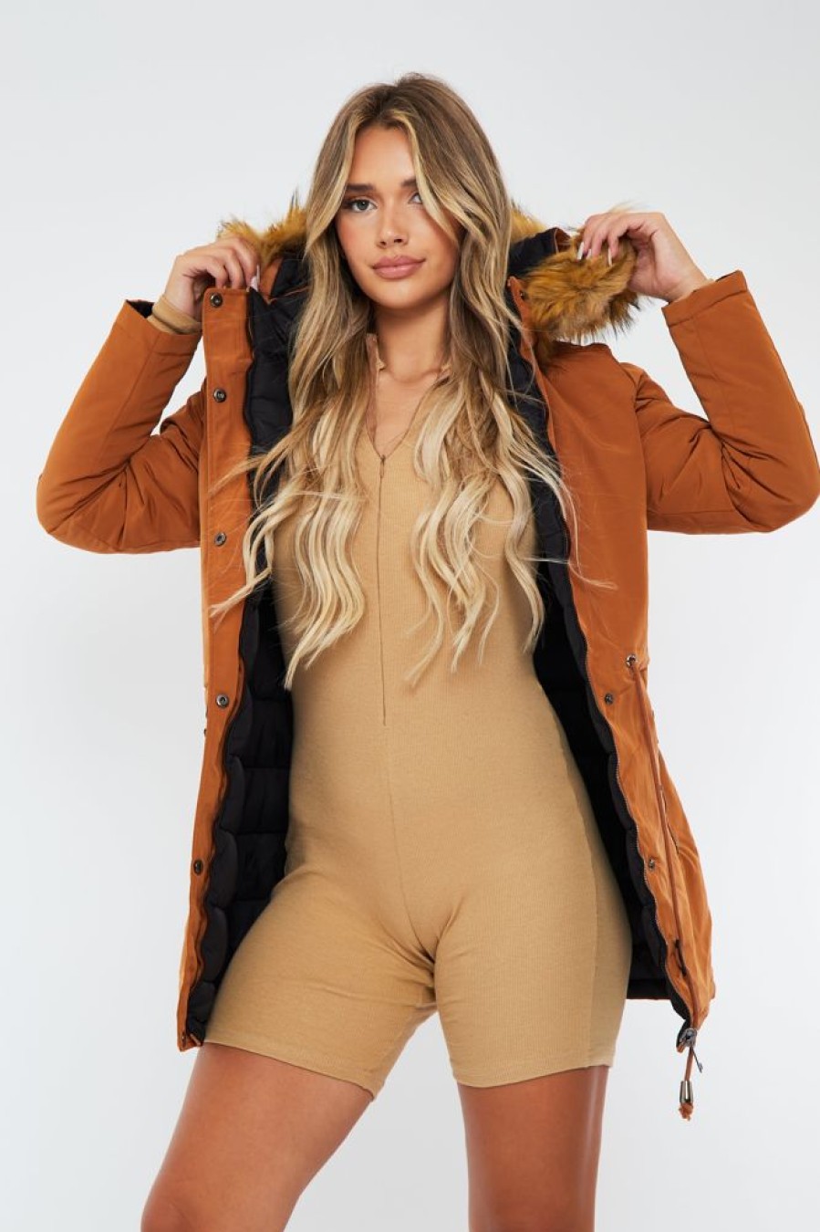 Clothing Rebellious Fashion | Camel Black Reversible Fur Hood Parka Jacket - Cambri