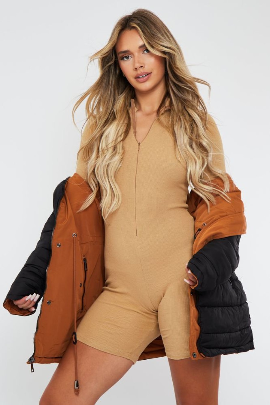 Clothing Rebellious Fashion | Camel Black Reversible Fur Hood Parka Jacket - Cambri