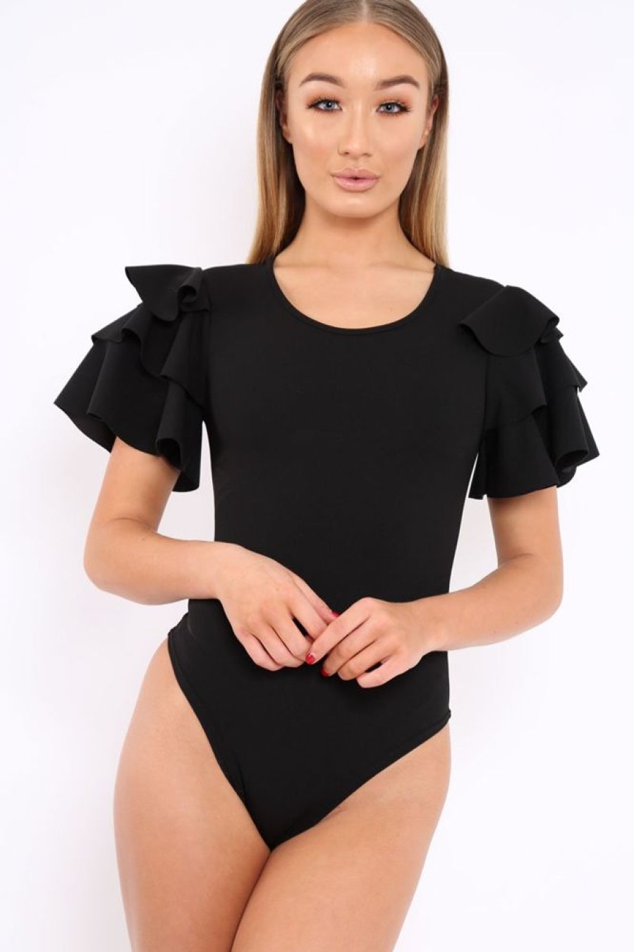 Clothing Rebellious Fashion | Black Bodysuit Frill Arms - Janeva