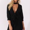 Clothing Rebellious Fashion | Black High Neck Plunge Tie Waist Dress - Trinity