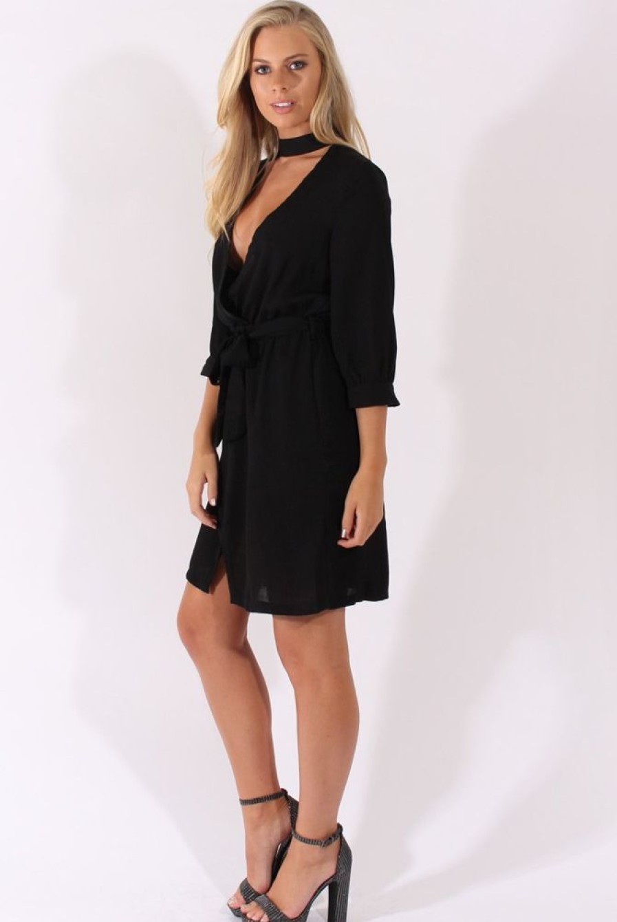 Clothing Rebellious Fashion | Black High Neck Plunge Tie Waist Dress - Trinity