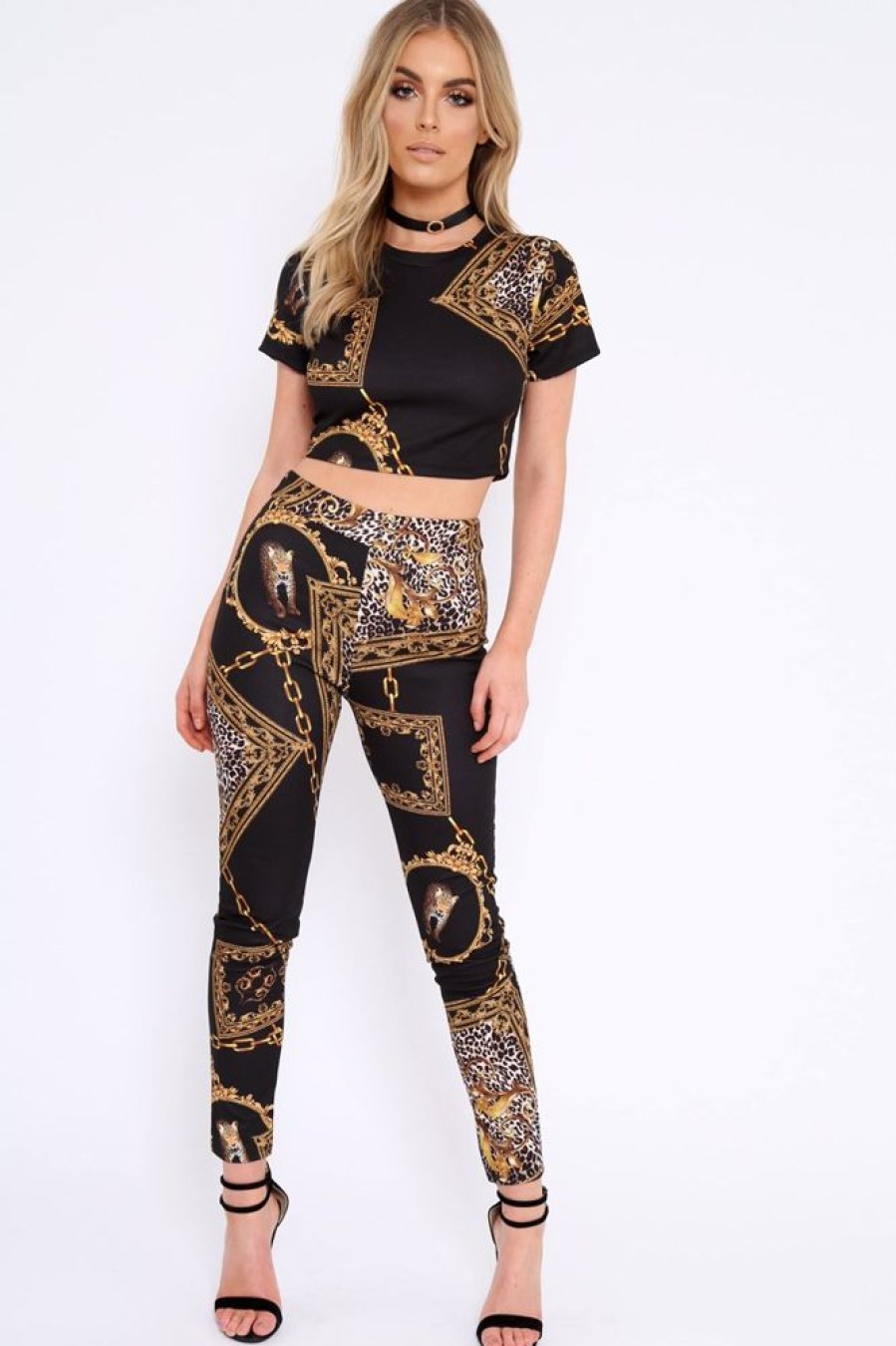 Clothing Rebellious Fashion | Black Scarf Print Crop Top And Trousers Co-Ord - Mala