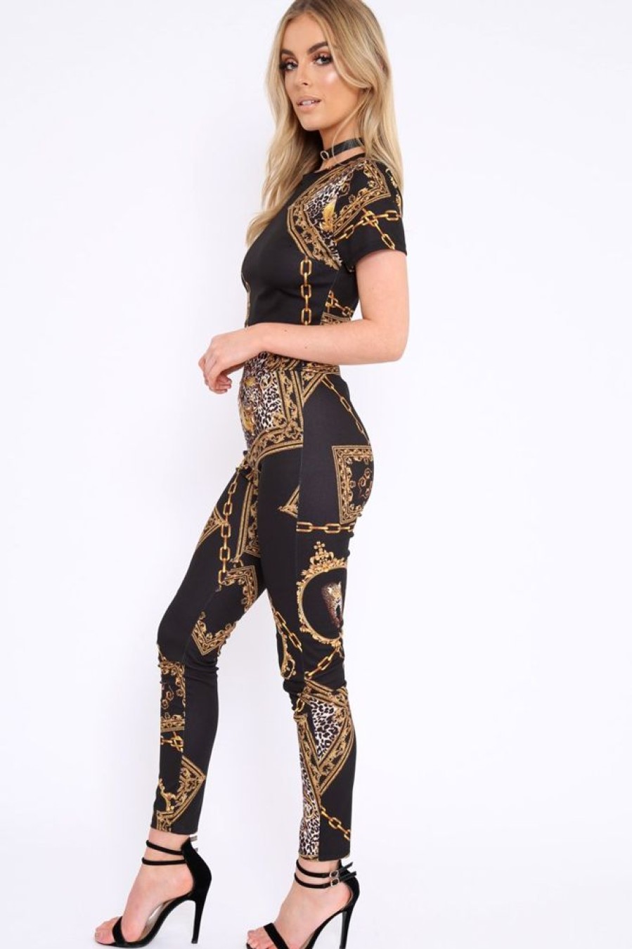 Clothing Rebellious Fashion | Black Scarf Print Crop Top And Trousers Co-Ord - Mala