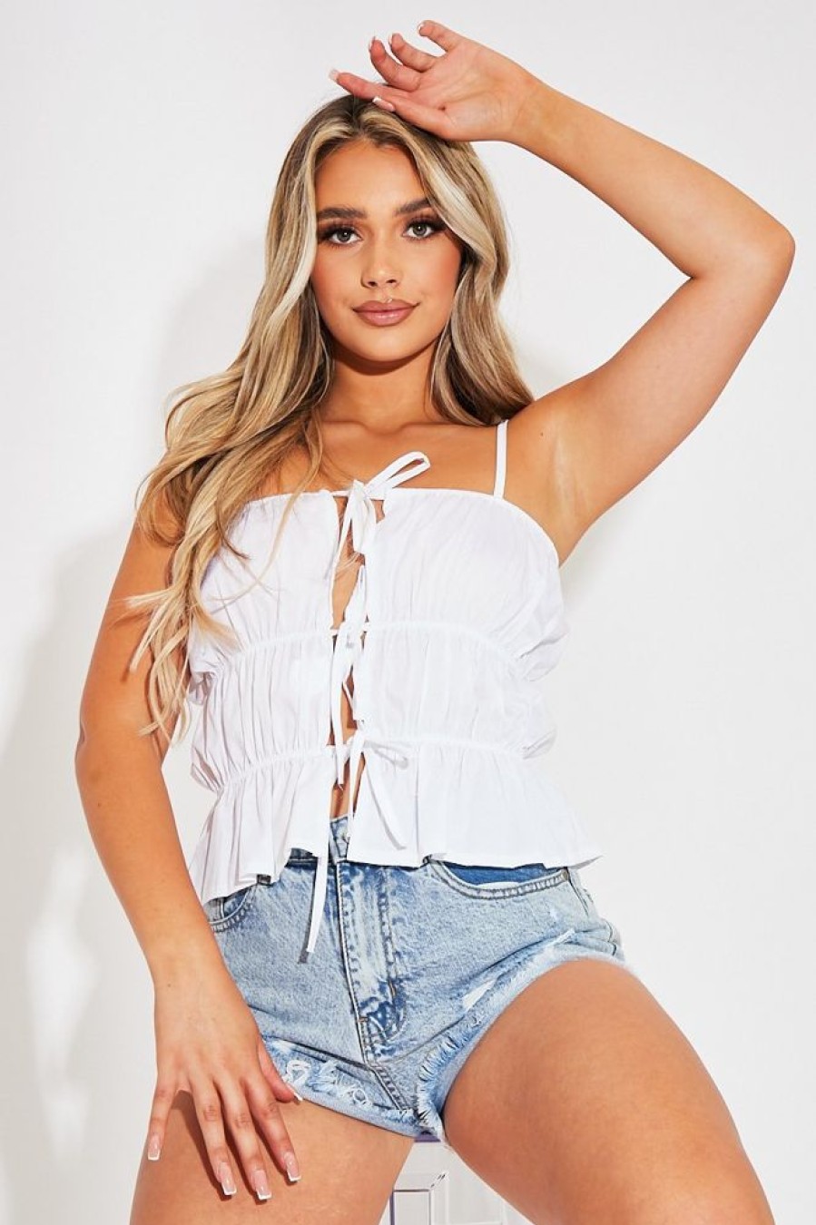 Clothing Rebellious Fashion | White Shirred Tie Front Top - Jadalee