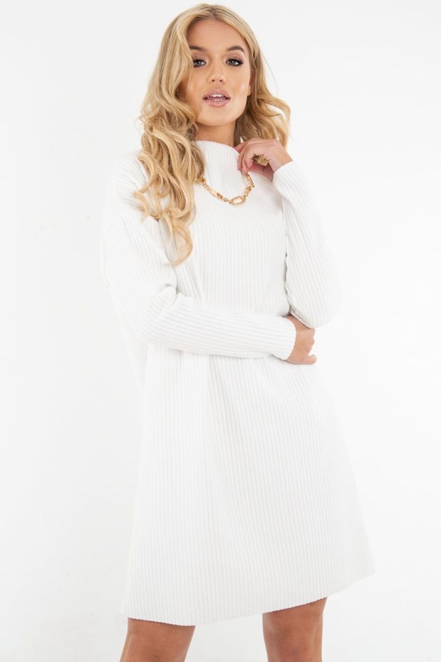 Clothing Rebellious Fashion | White Chunky Rib Slash Neck Jumper Dress - Kameron