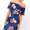 Clothing Rebellious Fashion | Navy Floral Bardot Dress - Martina