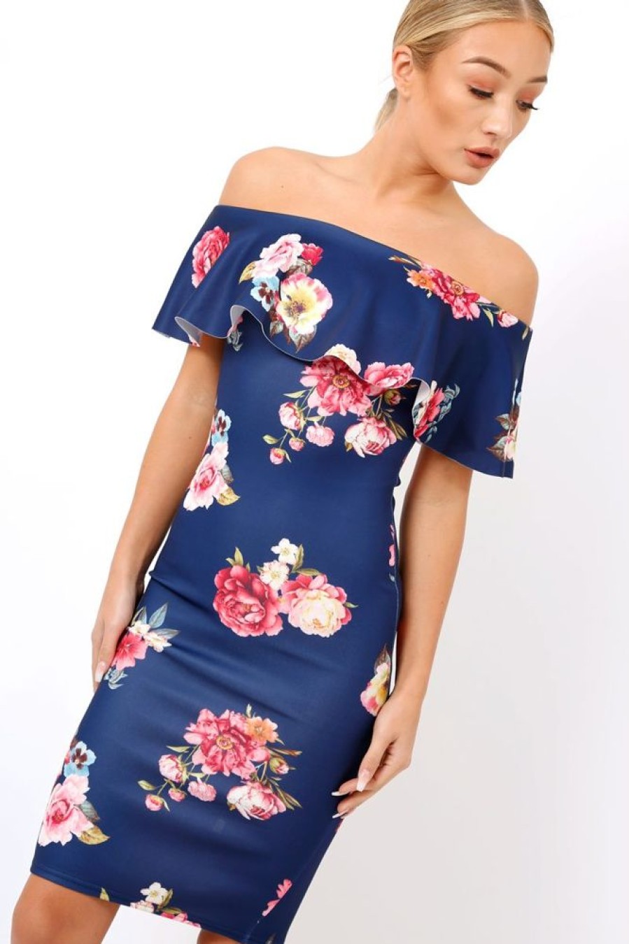 Clothing Rebellious Fashion | Navy Floral Bardot Dress - Martina