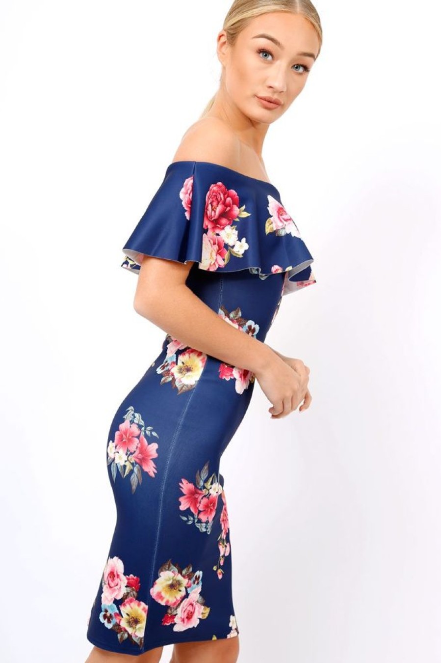 Clothing Rebellious Fashion | Navy Floral Bardot Dress - Martina