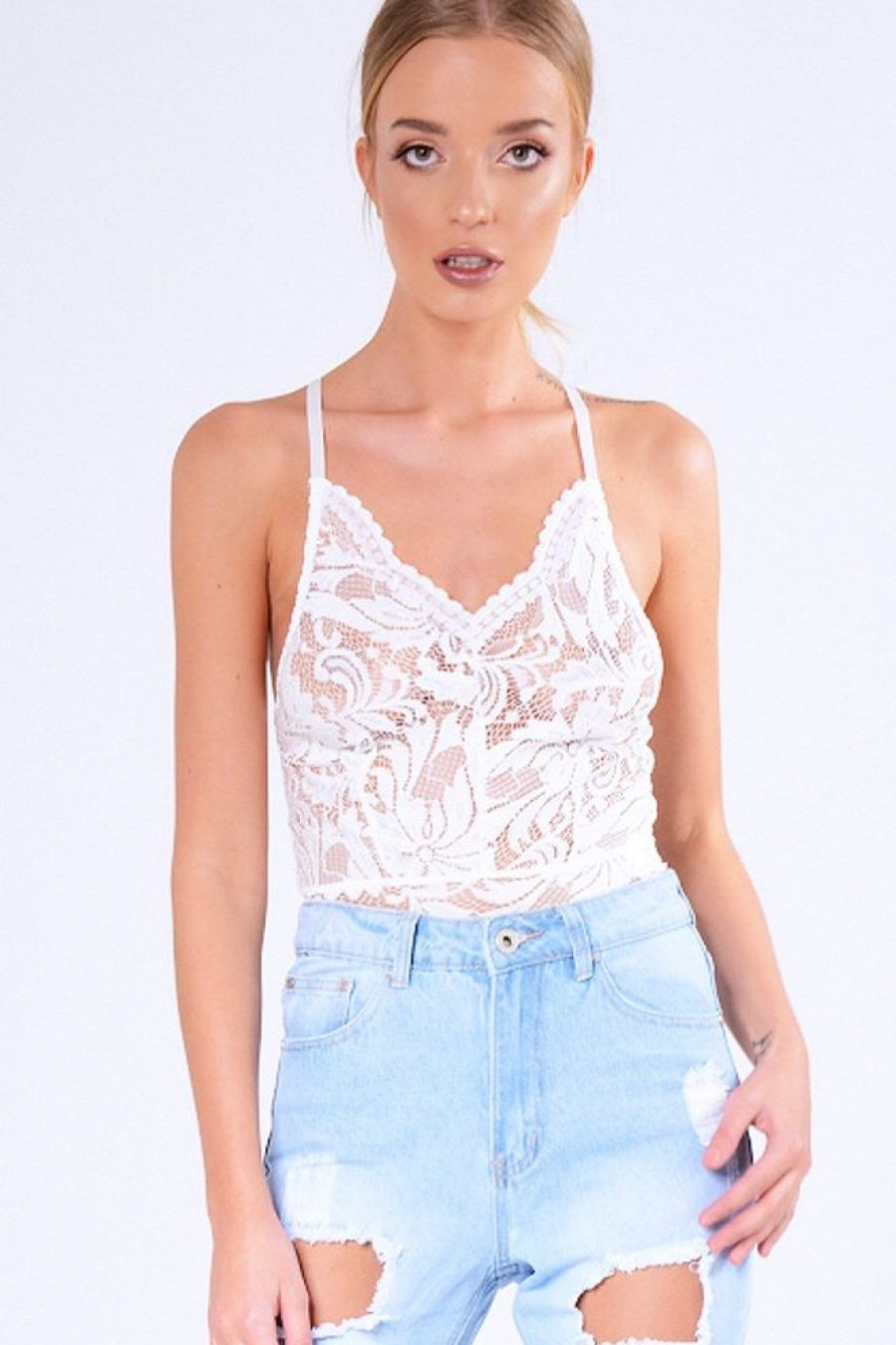 Clothing Rebellious Fashion | White Sheer Lace Strappy Bodysuit - Rozina