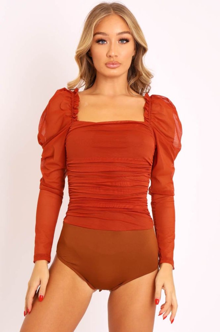 Clothing Rebellious Fashion | Rust Ruched Body Mesh Sleeve Bodysuit - Amylee