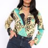 Clothing Rebellious Fashion | Green And Gold Scarf Print Satin Plunge Bodysuit - Moniqua