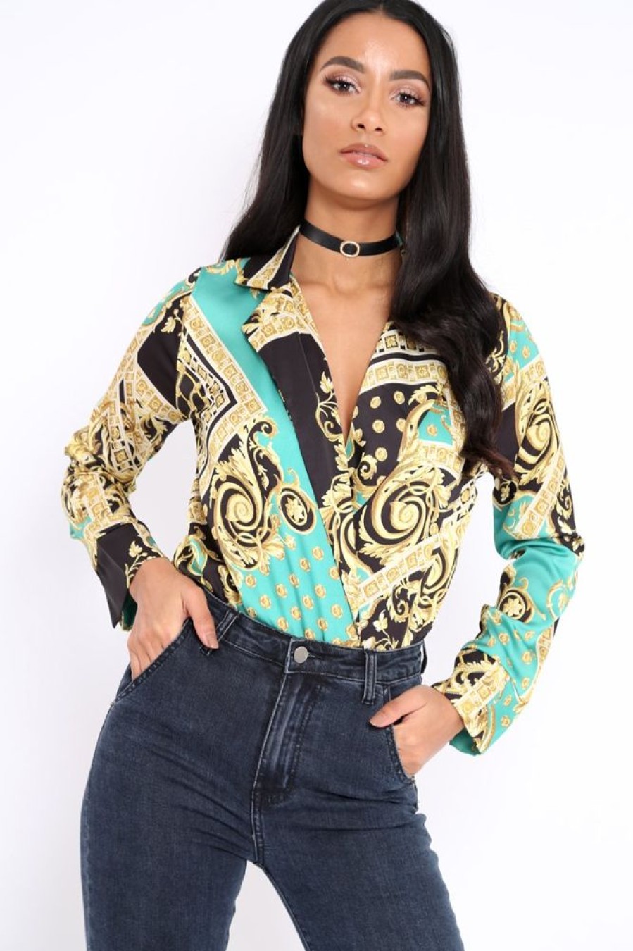 Clothing Rebellious Fashion | Green And Gold Scarf Print Satin Plunge Bodysuit - Moniqua