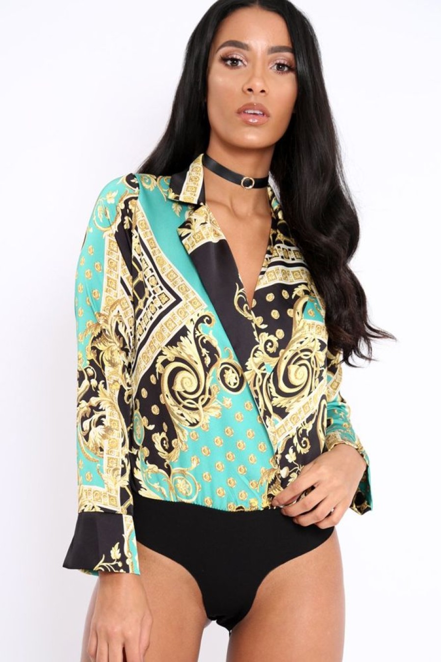 Clothing Rebellious Fashion | Green And Gold Scarf Print Satin Plunge Bodysuit - Moniqua