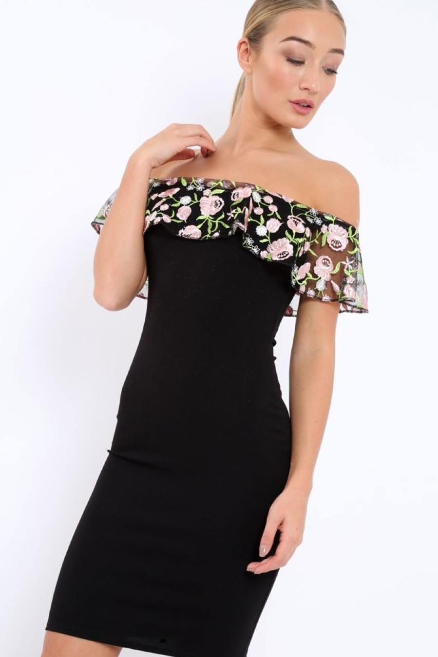 Clothing Rebellious Fashion | Black Embroidered Bardot Bodycon Dress - Jaxie