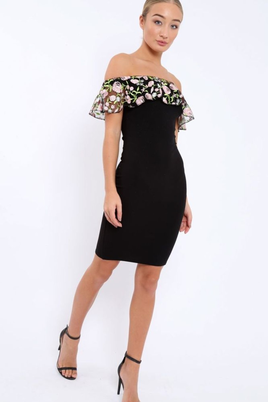 Clothing Rebellious Fashion | Black Embroidered Bardot Bodycon Dress - Jaxie