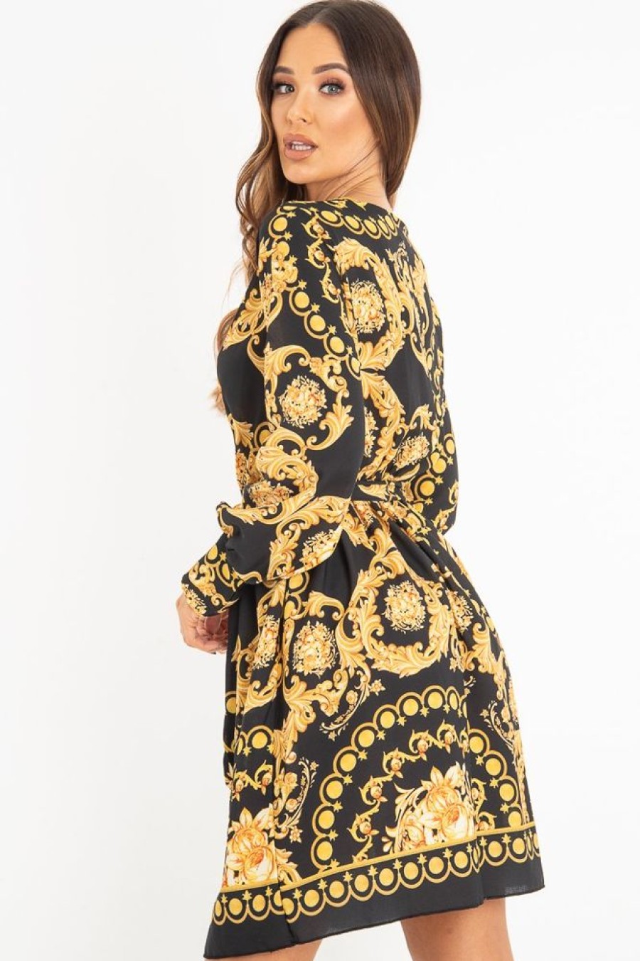 Clothing Rebellious Fashion | Black Gold Floral Scarf Print Plunge Mini Dress - Sydney