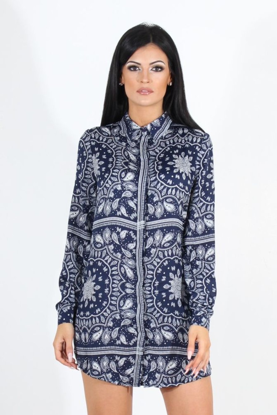 Clothing Rebellious Fashion | Miley Navy Paisley Print Shirt Dress