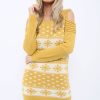 Clothing Rebellious Fashion | Mustard Christmas Print Jumper Dress - Kleo