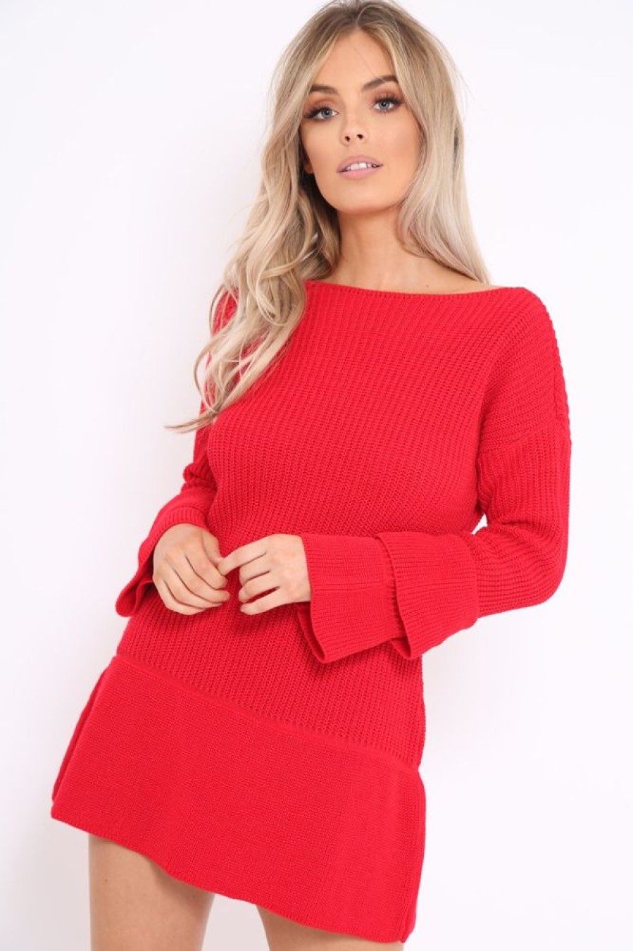 Clothing Rebellious Fashion | Red Bell Sleeve Extreme Hem Chunky Knit Jumper Dress - Paige