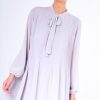 Clothing Rebellious Fashion | Grey Pleated Tie Neck Long Sleeve Swing Dress - Nickie