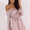 Clothing Rebellious Fashion | Pink Silky Bardot Tie Waist Dress - Esther