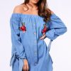 Clothing Rebellious Fashion | Denim Bardot Embroidered Mini Dress - Lena