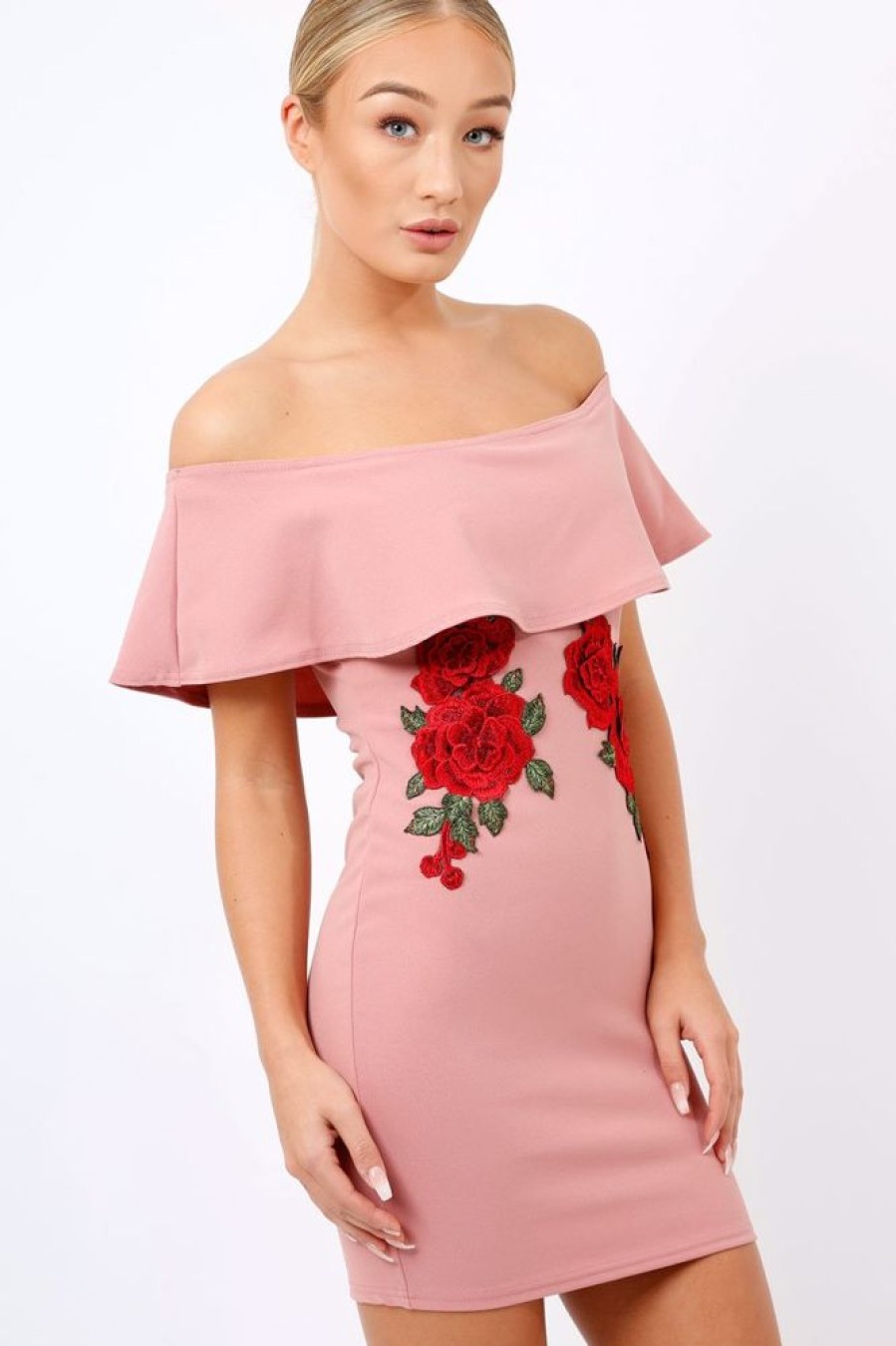 Clothing Rebellious Fashion | Rose Bardot Frill Bodycon Applique Dress - Leticia