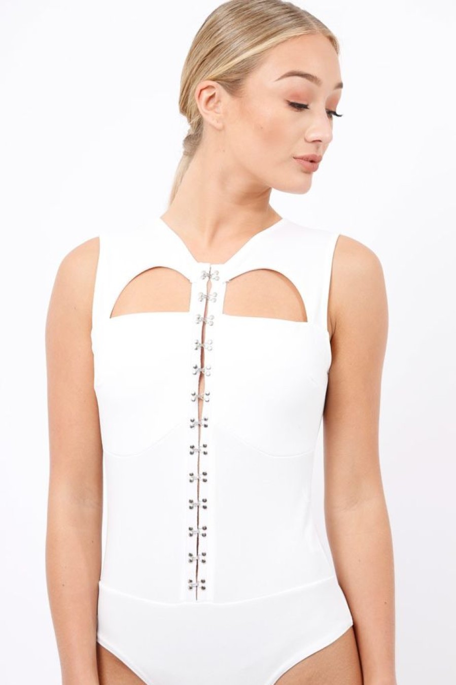 Clothing Rebellious Fashion | White Hook And Eye Cut Out Bodysuit - Reign