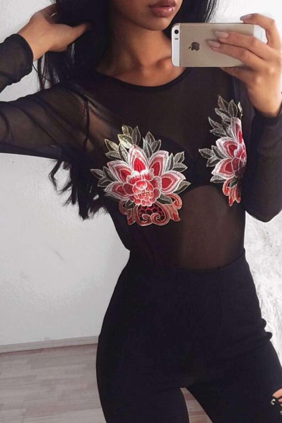 Clothing Rebellious Fashion | Black Mesh Long Sleeved Embroidered Bodysuit - Bonnie