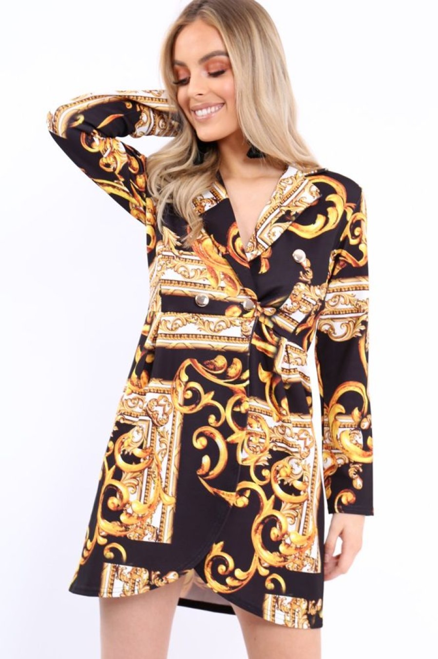 Clothing Rebellious Fashion | Black Scarf Print Button Detail Blazer Dress - Hannah