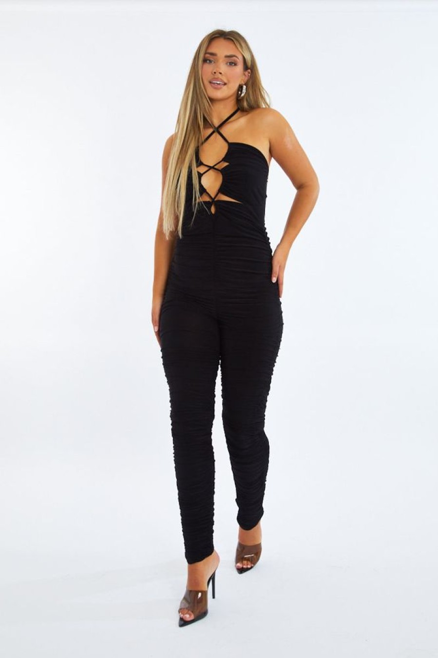 Clothing Rebellious Fashion | Black Ruched Lace Up Front Jumpsuit - Lena