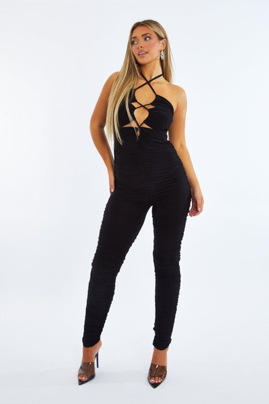 Clothing Rebellious Fashion | Black Ruched Lace Up Front Jumpsuit - Lena